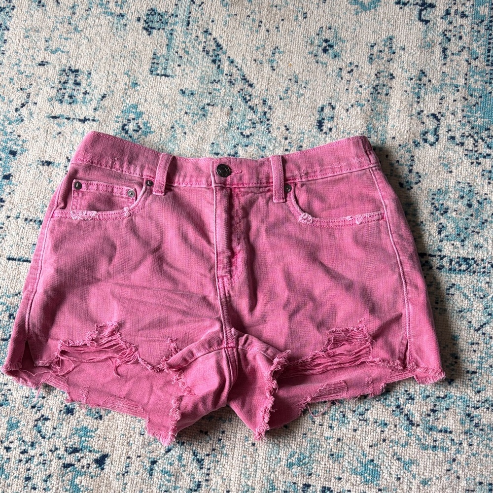 aerie Pink Frayed High-Rise Denim Cutoff Shorts